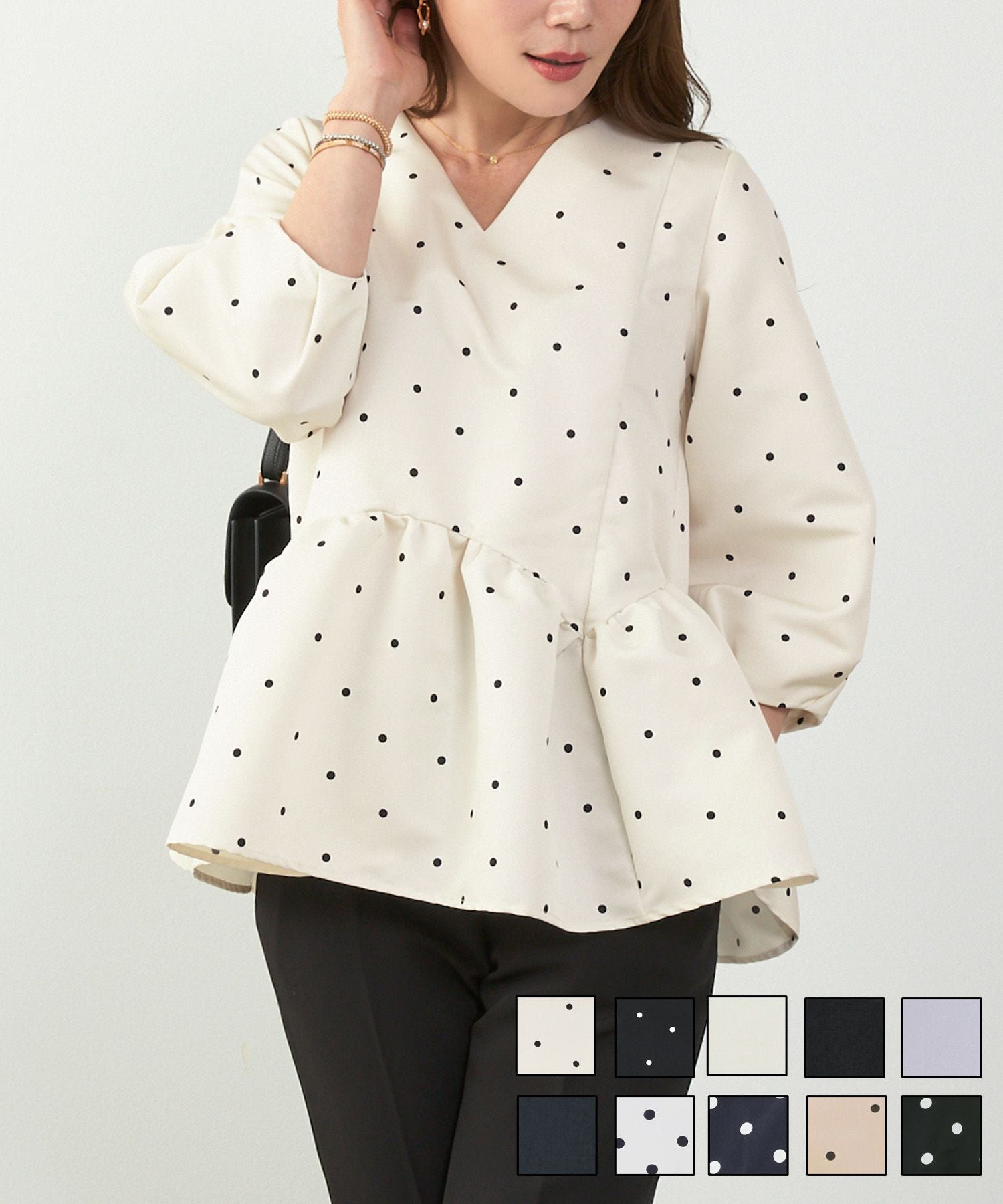 Occasion-SALE スカラップ切り替え 8分袖 ブラウス Liala×PG 全10色