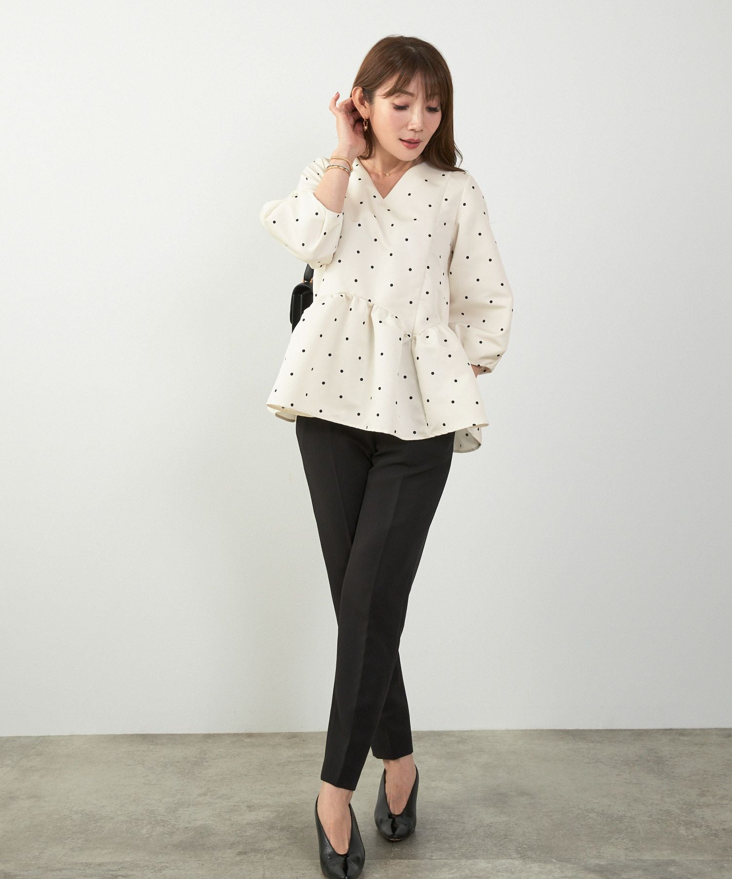 Occasion-SALE スカラップ切り替え 8分袖 ブラウス Liala×PG 全10色