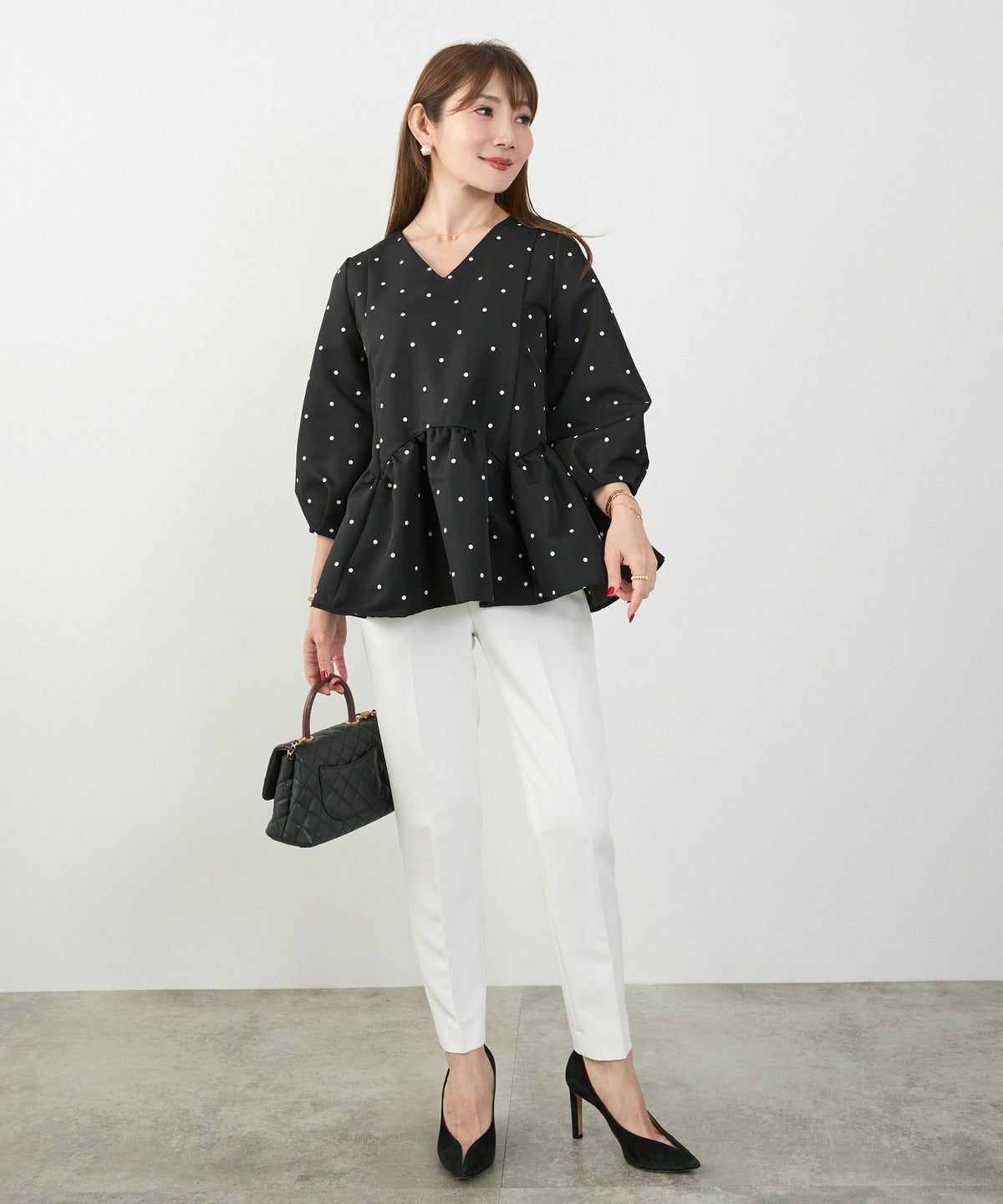 手洗い可新色追加日本製ペプラム無地ドット柄フレアタック春秋大人カジュアルきれいめジョイントスペース