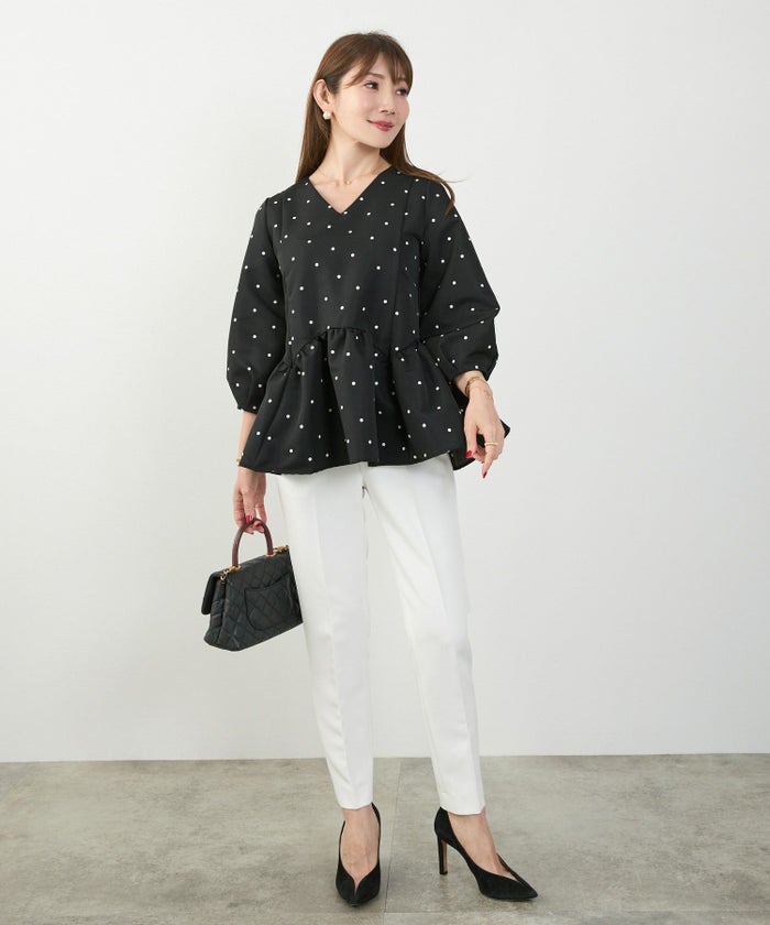 手洗い可新色追加日本製ペプラム無地ドット柄フレアタック春秋大人カジュアルきれいめジョイントスペース