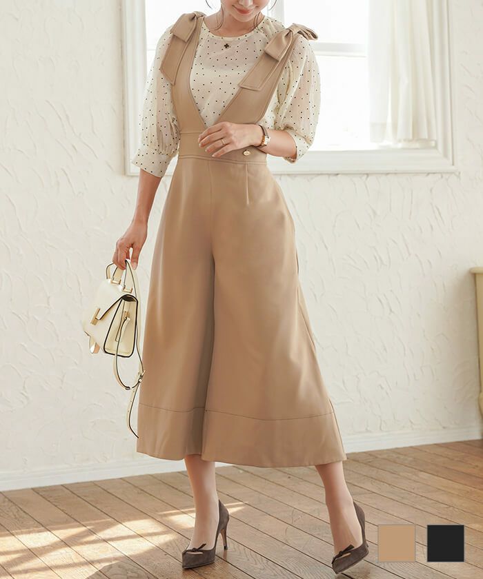 サロペット　オールインワン　ベージュ　春　夏　秋　テロテロ　リボン　中古品 Re:EDIT（リエディ） オールインワン 「2024 SUMMER COLLECTION」「低