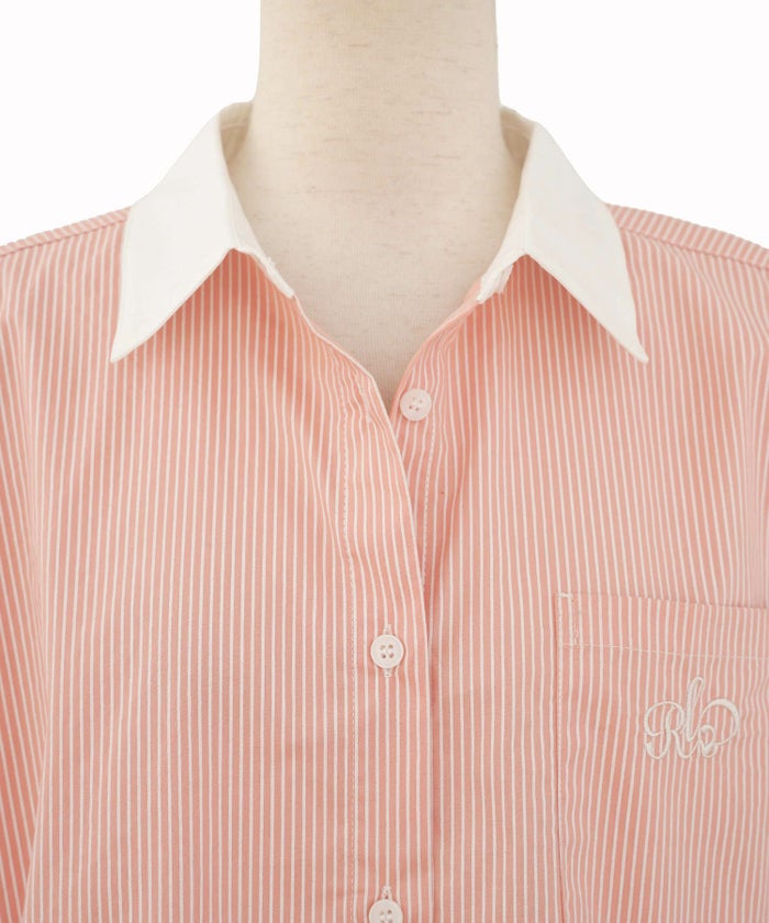 レディース/トップス/シャツ/ブラウス/ストライプ柄/刺繍/ポケット/バイカラー/配色/長袖/ショート丈/クロップド丈/エレガント/カジュアル/スタイリッシュ/サックス/ピンク/春/秋