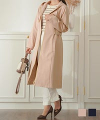 レディース/アウター/コート/ロングコート/トレンチコート/ドレスコート/ロング丈/長袖/マーブルボタン/リブ/パフスリーブ/配色/ステッチ/ポケット/リボン/ベージュ/グレー/羽織り/秋/冬