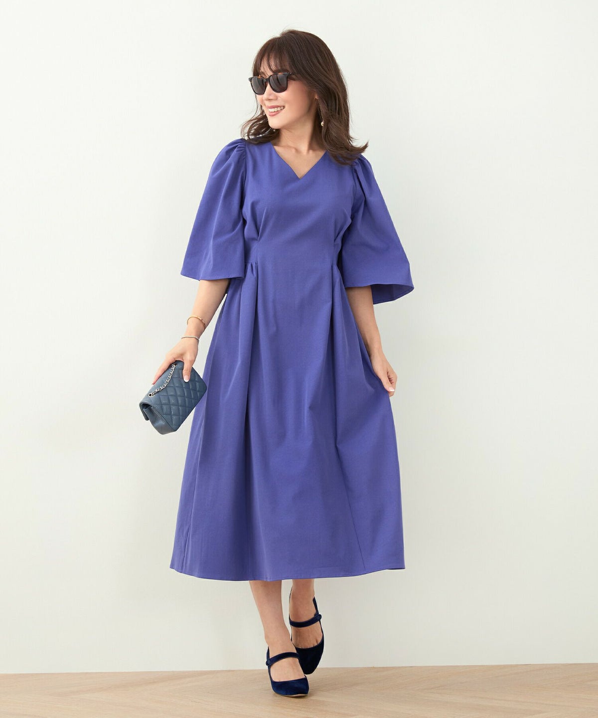 手洗い可/フレアスリーブ/フィット＆フレア/サイドギャザー/上品/きれいめ/秋色