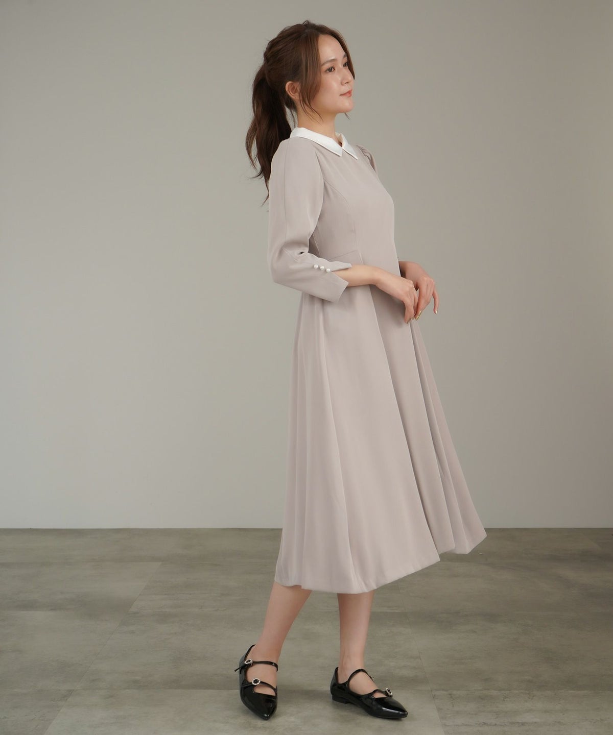 ワンピース/ドレス/ライトグレー/ネイビー/ブラック/ライトグレー/襟付き/配色/長袖/ウエスト切り替え/パフスリーブ/春/秋/冬