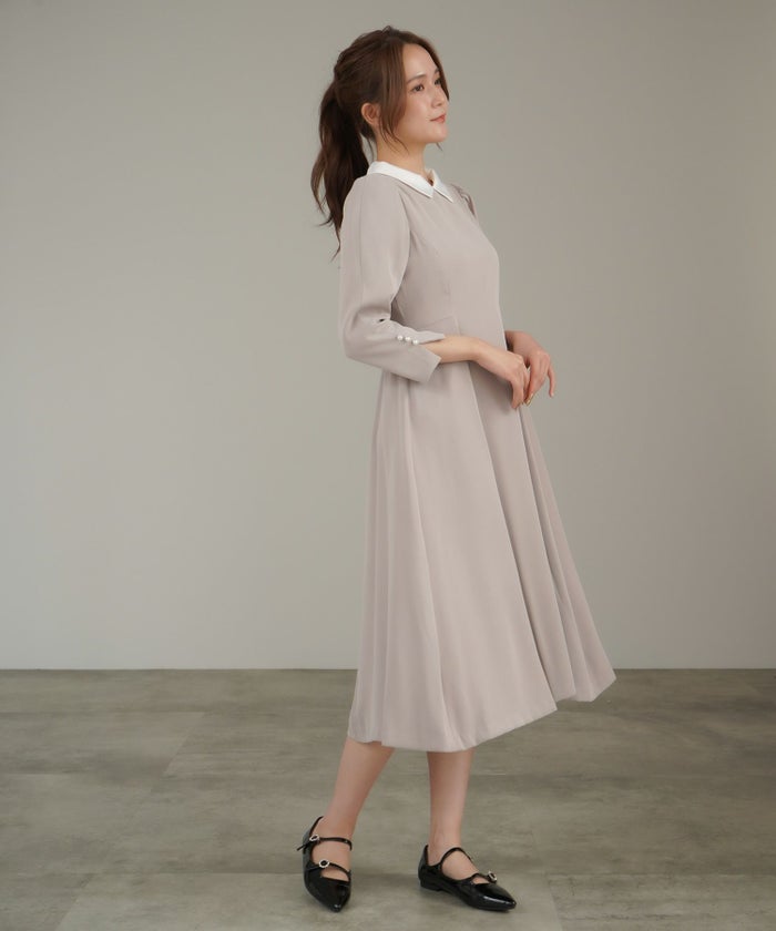 ワンピース/ドレス/ライトグレー/ネイビー/ブラック/ライトグレー/襟付き/配色/長袖/ウエスト切り替え/パフスリーブ/春/秋/冬