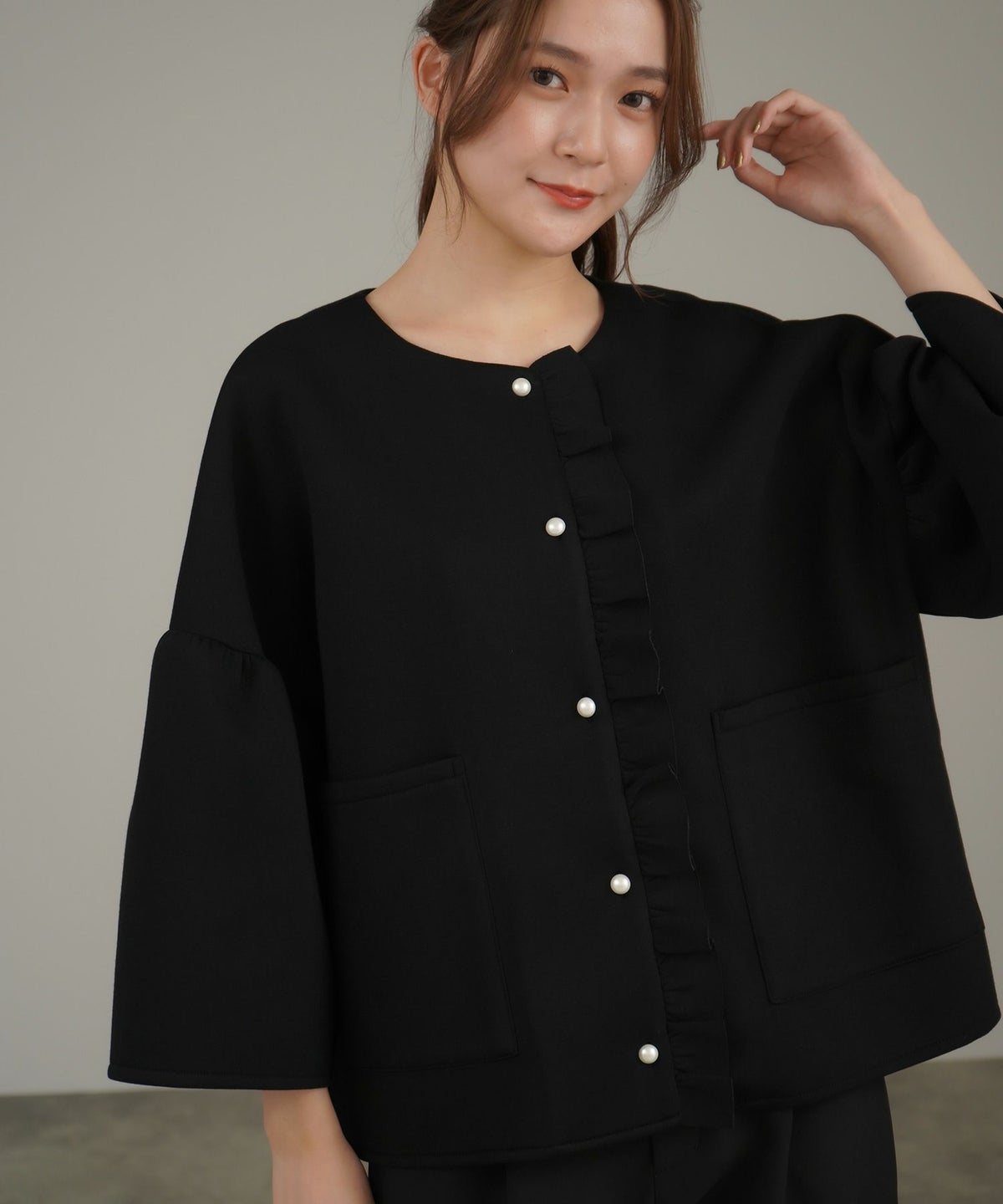 ライトアウター/長袖/羽織り/コート/ポケット/パールボタン/ホワイト/ネイビー/ベージュ/ブラック