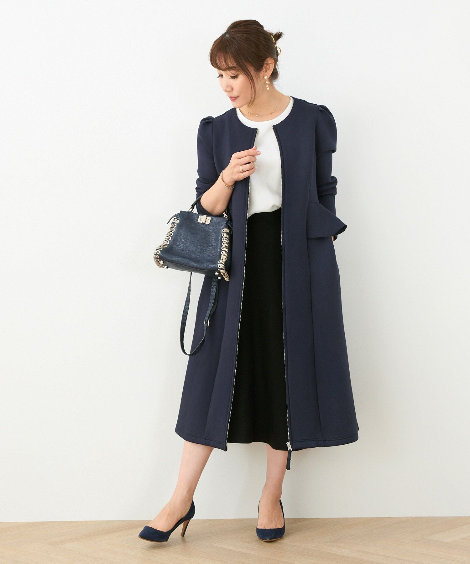 Liala×PG ダンボールニット　ペプラム　ロングコート ダンボールニット パール ロングコート Liala×PG 全4色｜lpg112-1458