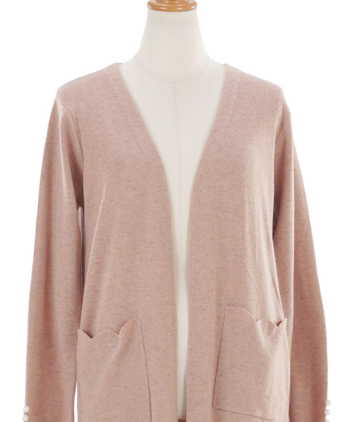 ロングカーデ/羽織り/長袖/上品/ボタンレス/パール/スカラップ/秋/冬