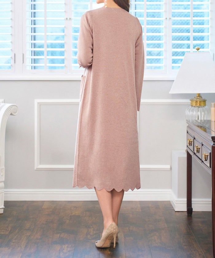 ロングカーデ/羽織り/長袖/上品/ボタンレス/パール/スカラップ/秋/冬