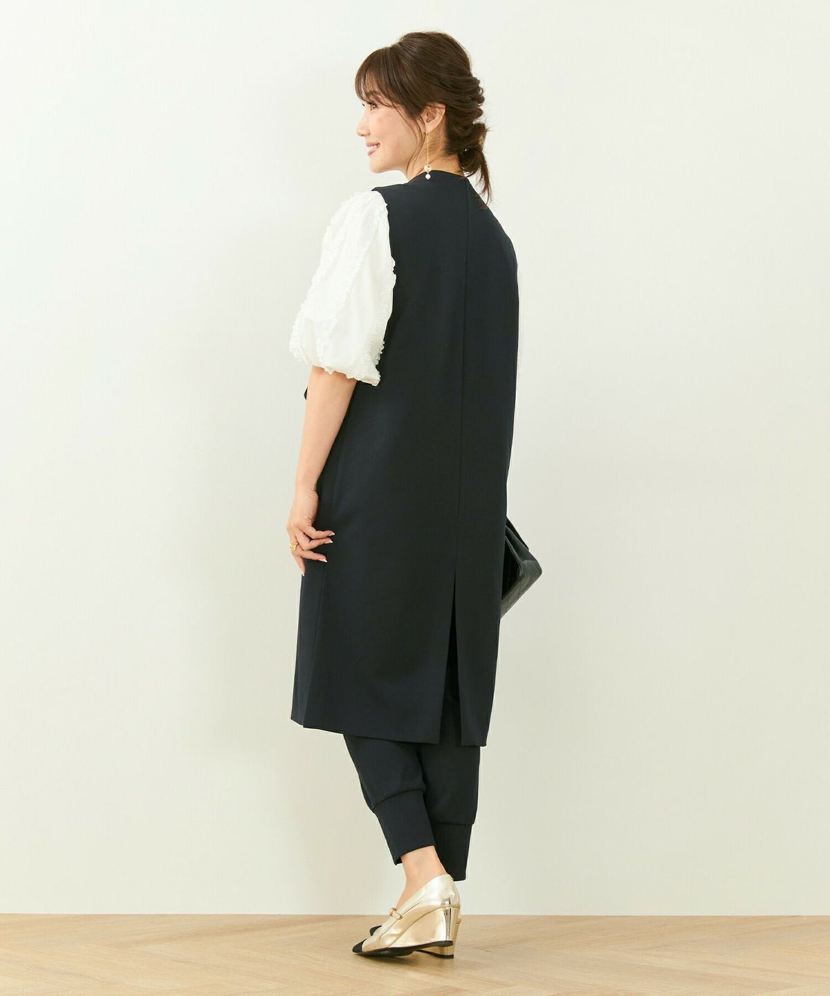 手洗い可/セットアップ対応/ベスト/ノーカラー/スリット/ボタンレス/シンプル