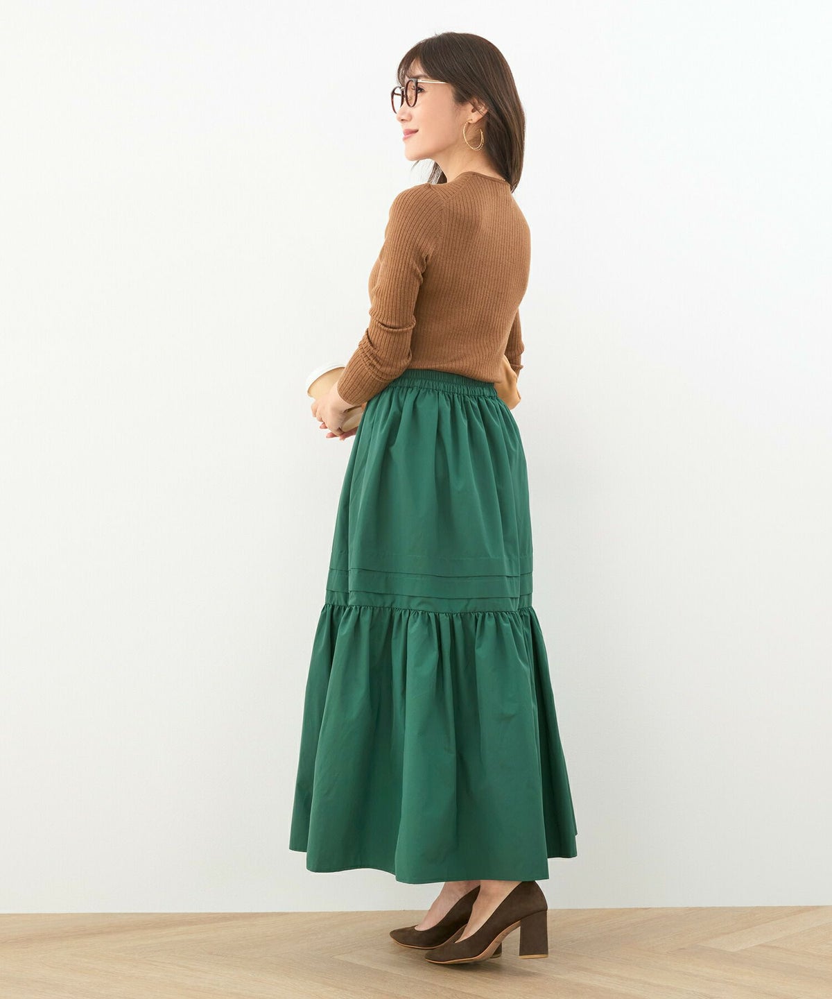 手洗い可/セレクト/ウエストゴム/タフタ/裾ティアード/光沢感/キレイめ/秋色