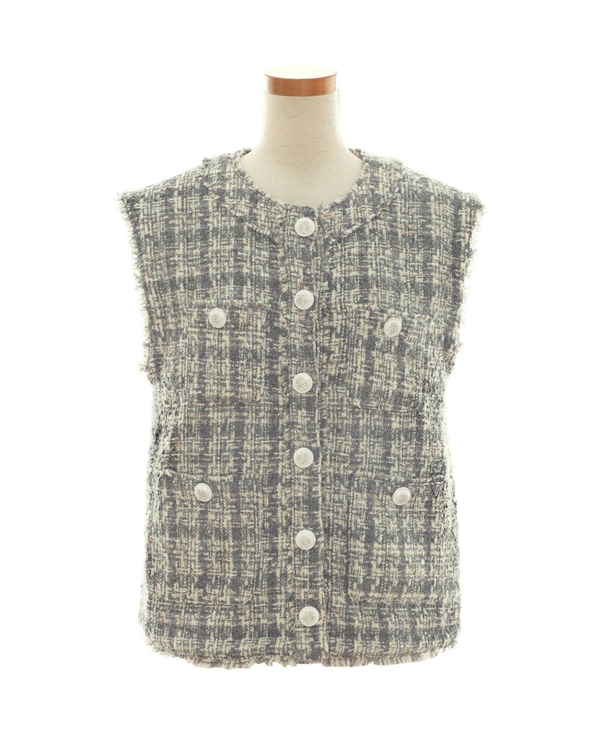 レディース/アウター/ジャケット/ジレ/ツイード/2WAY/フリンジ/ポケット/エンブレムボタン/ファスナー/グレー/ベージュ/長袖/上品/エレガント/秋/冬/