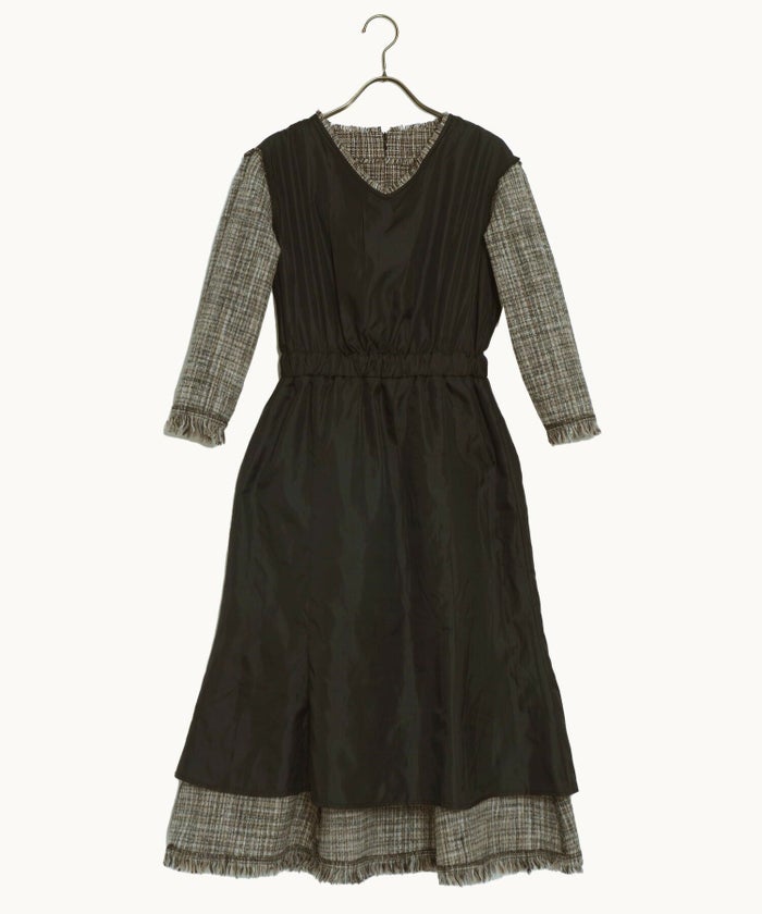 レディース/ワンピース/ロングワンピース/ツイード/フリンジ/Vネック/セットアップ風/ドッキングワンピ/バイカラー/配色/上品/エレガント/綺麗/秋/冬/セレモニー/オケージョン/七五三/お呼ばれ/グレー/ブラック/