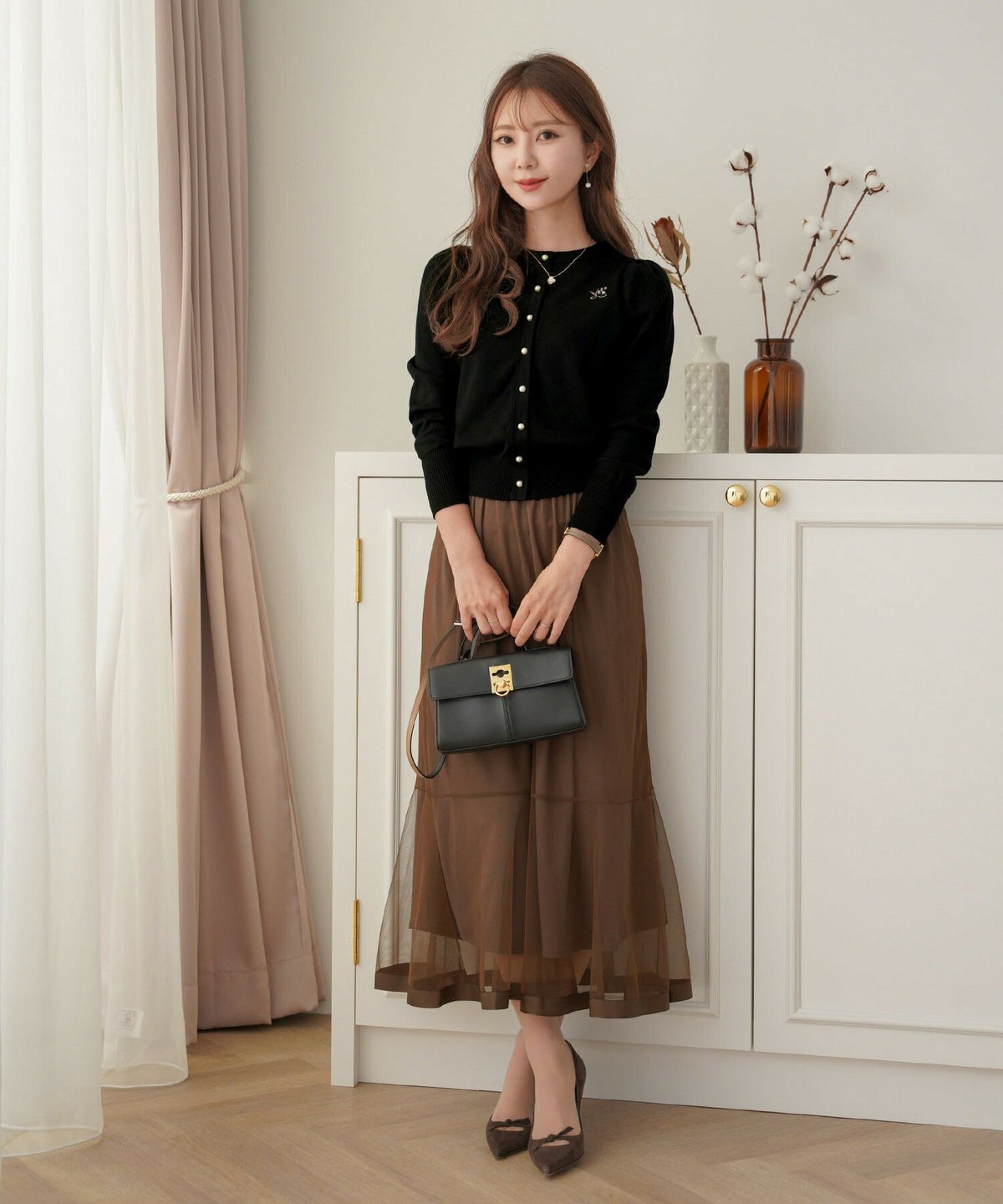 レディース/トップス/カーディガン/羽織/ニット/長袖/クルーネック/すずらん/刺繍/パール/春/冬/秋/アイボリー/ピンク/ミント/ブラック