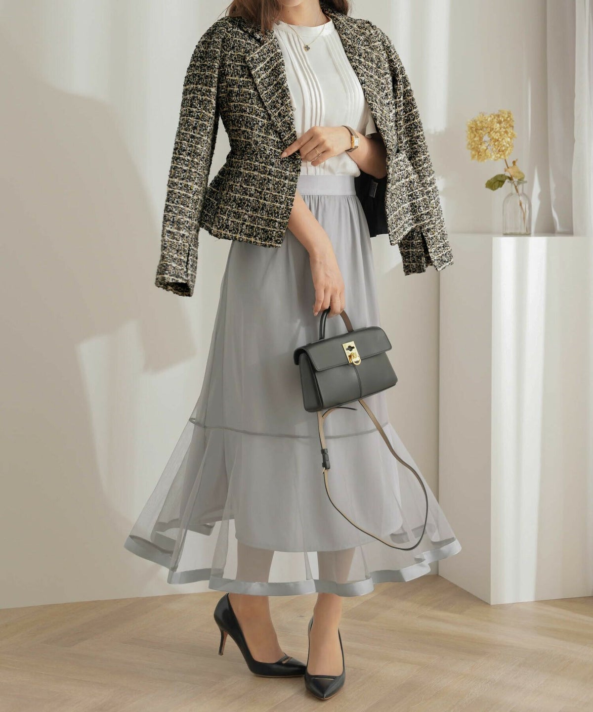 レディース/ボトム/スカート/チュール/フレア/ボリューム/透け感/グレー/ブラウン/オールシーズン/上品/エレガント/フェミニン