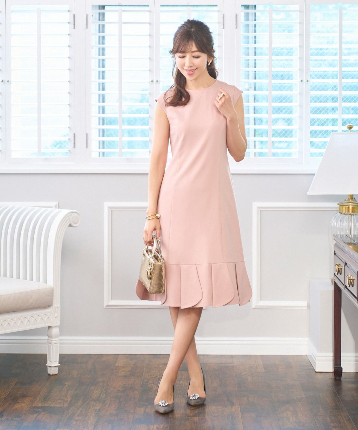 手洗い可/ワンピ/裾ティアード/フリル/フレンチスリーブ/上品/S/M