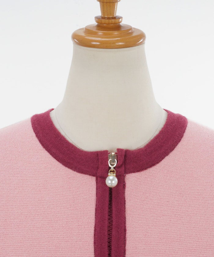 カーディガン/羽織り/ジャケットライク/長袖/秋口/パール/チャーム/ファスナー/S/M