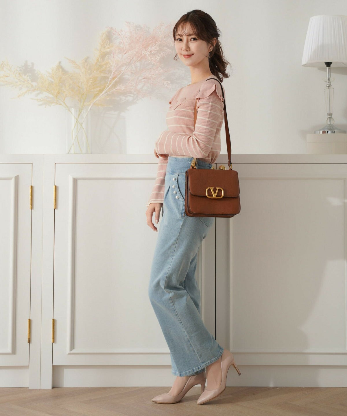 レディース/トップス/ニット/リブニット/スカラップ/フリル/インターシャ編み/バイカラー/ボーダー/ピンク/ブラック/黒/ネイビーボーダー/お出かけ/大人/上品/エレガント/通勤/OL/秋/冬/春/おしゃれ着