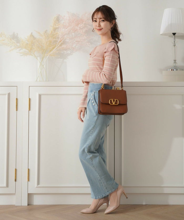 レディース/トップス/ニット/リブニット/スカラップ/フリル/インターシャ編み/バイカラー/ボーダー/ピンク/ブラック/黒/ネイビーボーダー/お出かけ/大人/上品/エレガント/通勤/OL/秋/冬/春/おしゃれ着