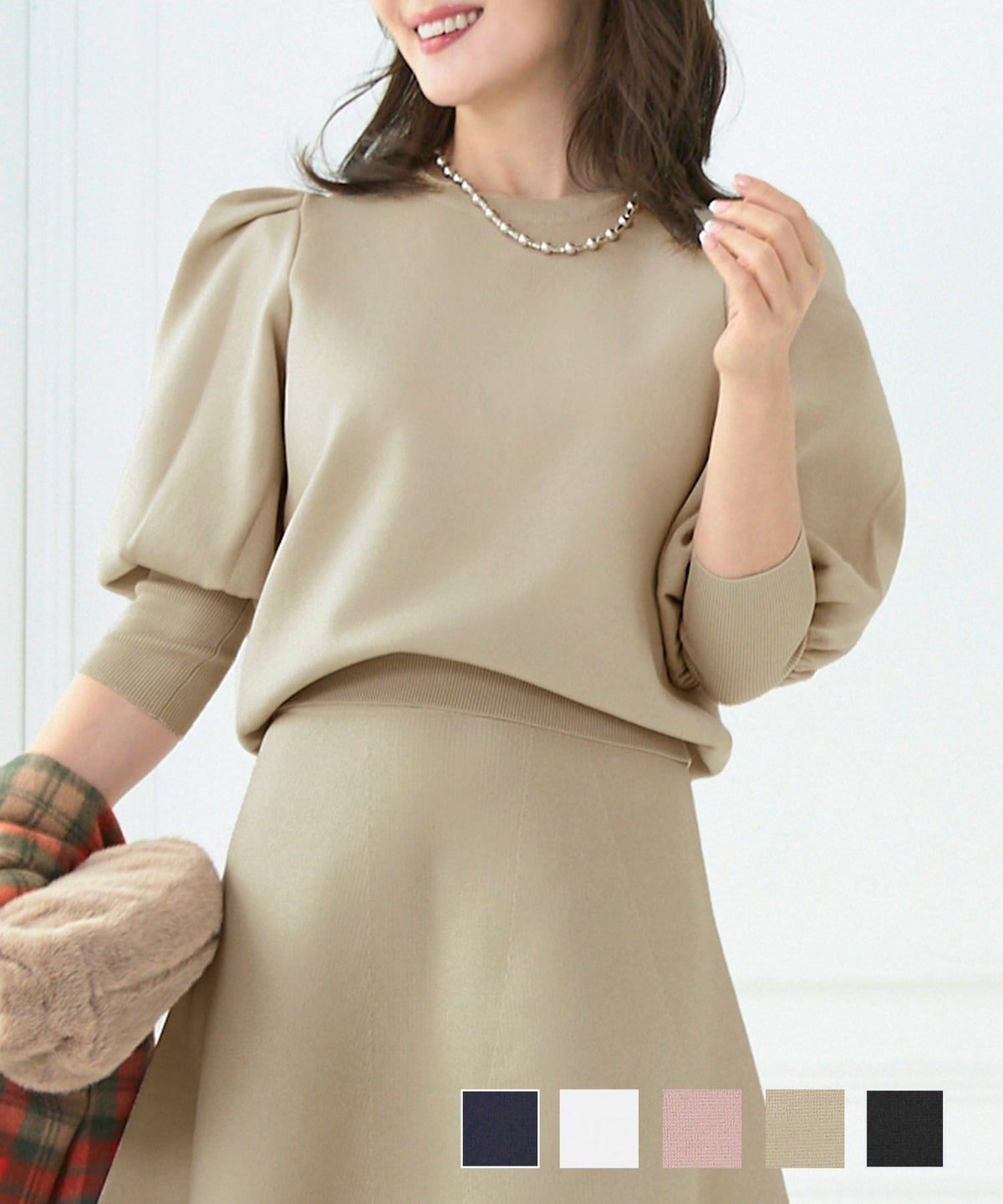 新色追加 手洗い可 トップス タック袖 セットアップ対応 袖山タック 袖口リブ ラウンドネック タック パフ袖 ニット プルオーバー Liala×PG