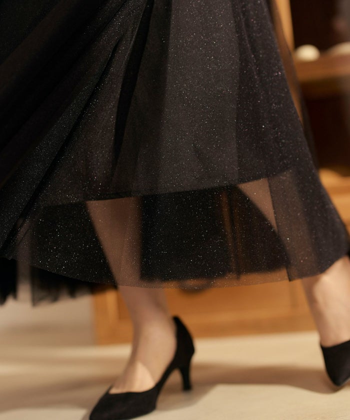 グレー/シルバー/チャコール/黒/ウエストゴム/レース/チュールレース/フレア/スカート/ラメ/春秋冬/