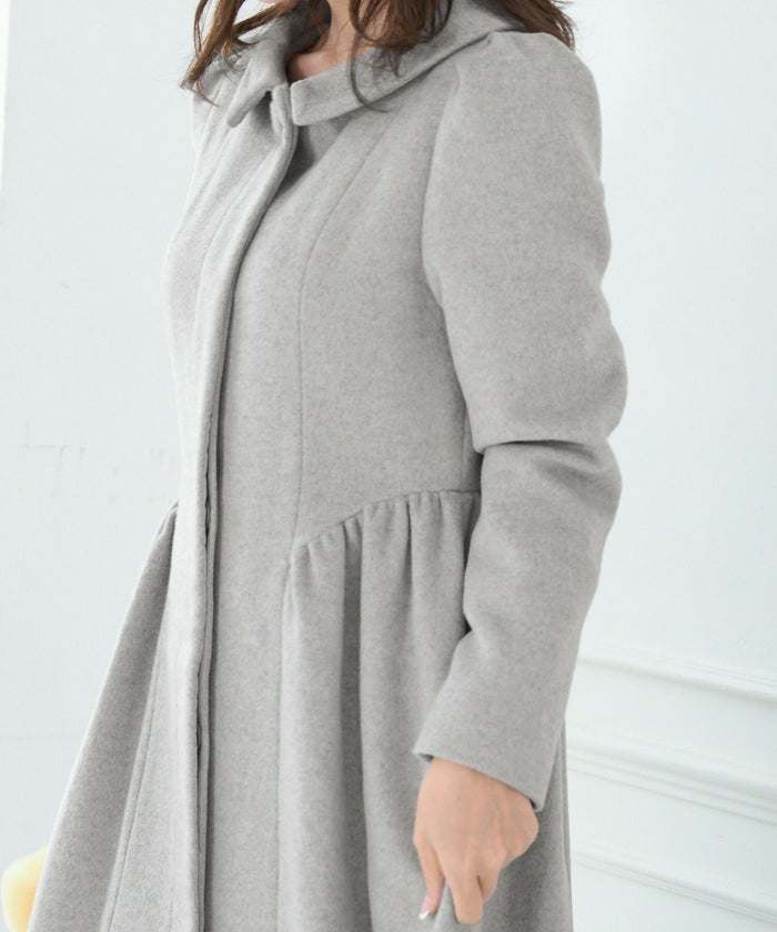 アウター/襟付き/長袖/袖山ギャザー/くるみボタン/ロングコート/ロング丈/比翼仕立て