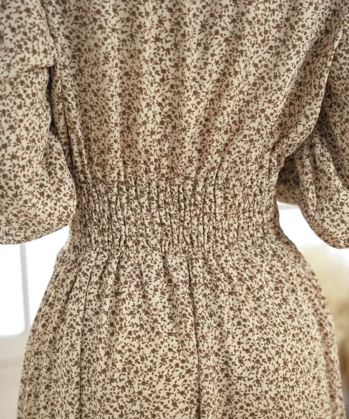 ワンピース/花柄/小花柄/リボン/フリル/カフス/くるみ釦/ハイウエスト/シャーリング/タック/7分丈/フレア