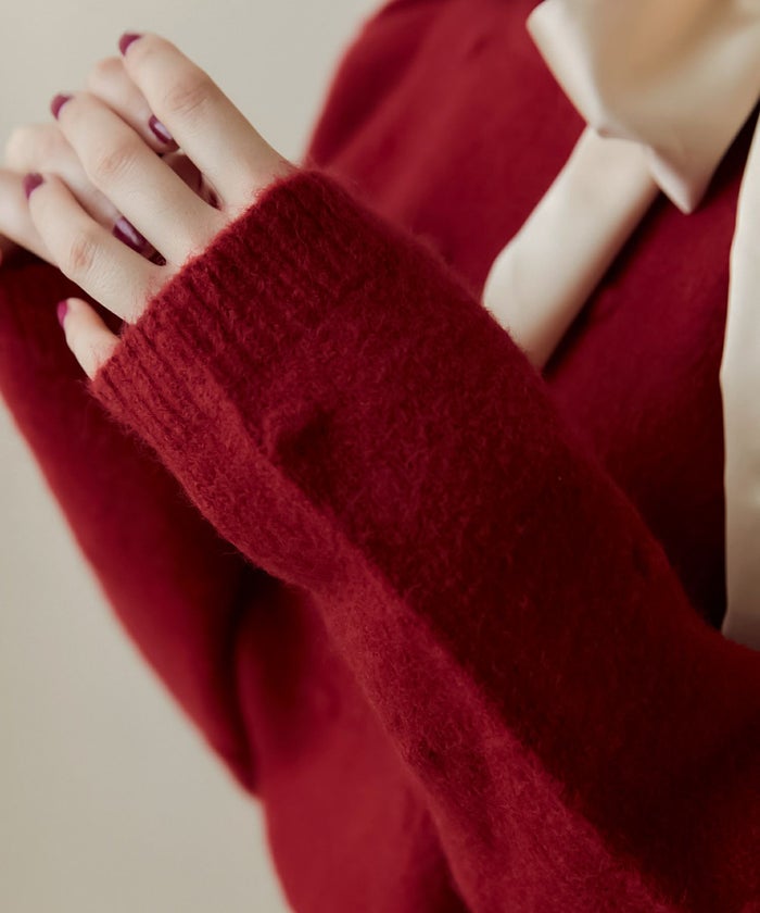 ニット/ポップコーン/リボン付/レッド/ブラウン