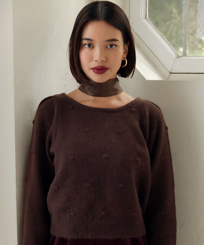 ニット/ポップコーン/リボン付/レッド/ブラウン