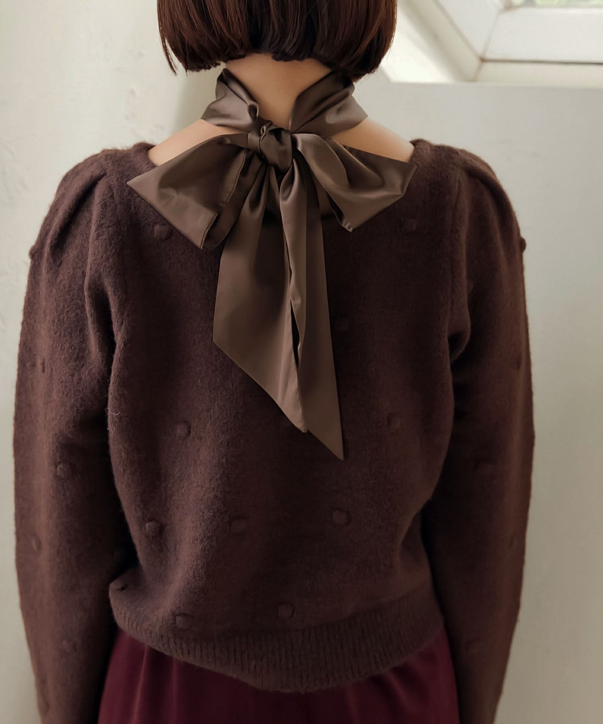 ニット/ポップコーン/リボン付/レッド/ブラウン