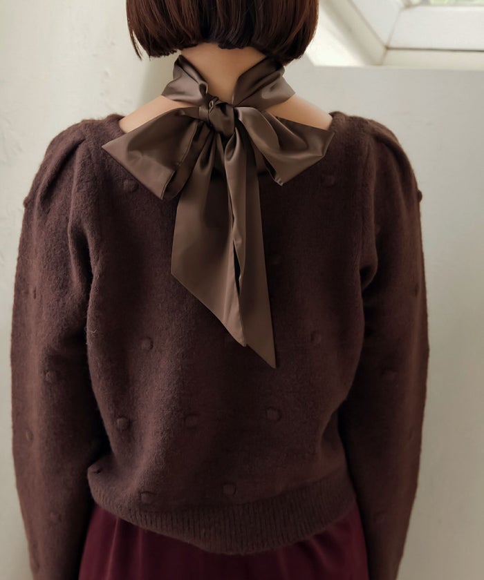 ニット/ポップコーン/リボン付/レッド/ブラウン