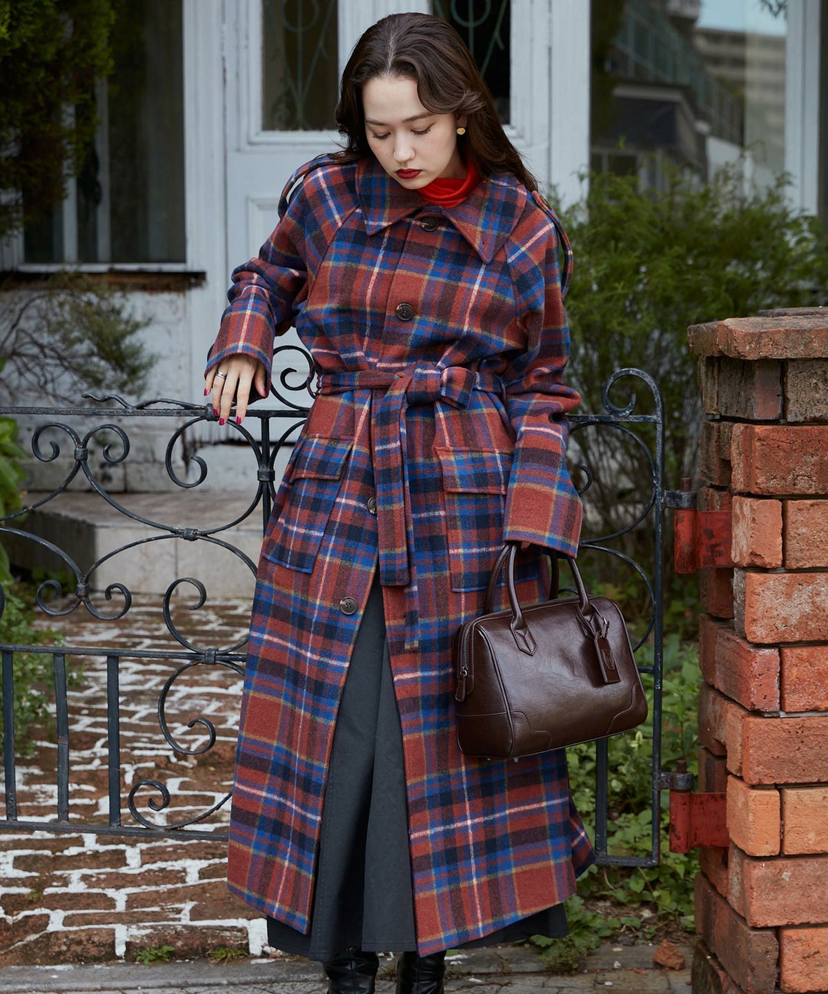 コート/チェック/,ダークオレンジ/ブラック