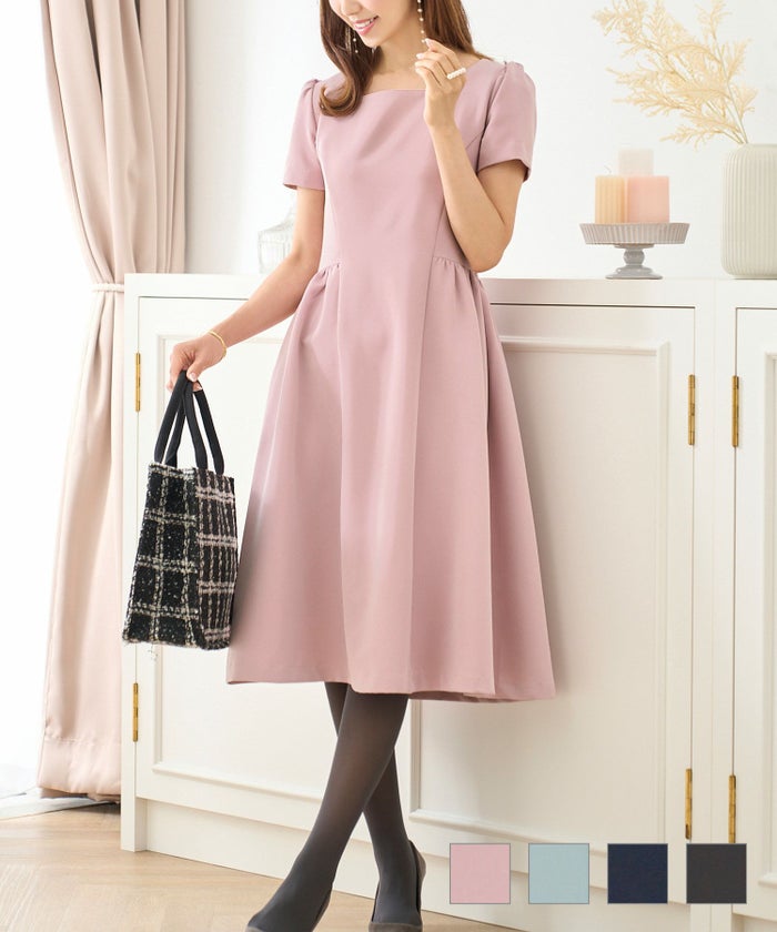 新色追加 半袖 ギャザースリーブ フレア パフスリーブ エレガント S M スクエアネック プリンセスギャザー ワンピース Prima Scherrer