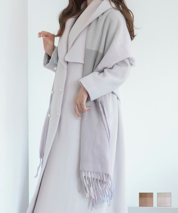 レディース 小物 マフラー ストール フリンジ ピンク ラベンダー パープル 刺繍 オリジナルロゴ 秋 冬 防寒 グラデーションチェック 可愛い エレガント フェミニン  vaniller オリジナルロゴ入り グラデーション チェック ストールマフラー le reve vaniller