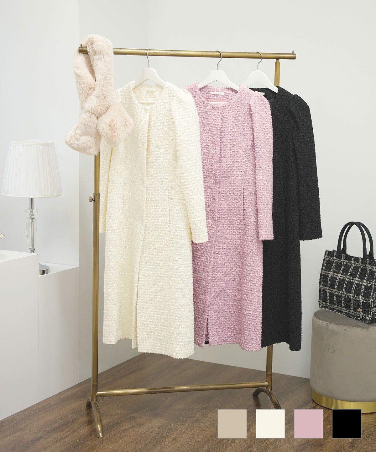 プリマシェレル PrimaScherrer レディース ツイード アウター コート 長袖 フロントボタン ショルダータック ポケット 無地 ノーカラー ロングコート エレガント S M アイボリー ピンク ブラック ツイード ショルダータック コート Prima Scherrer