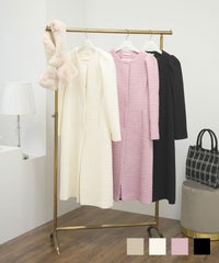 プリマシェレル PrimaScherrer レディース ツイード アウター コート 長袖 フロントボタン ショルダータック ポケット 無地 ノーカラー ロングコート エレガント S M アイボリー ピンク ブラック ツイード ショルダータック コート Prima Scherrer