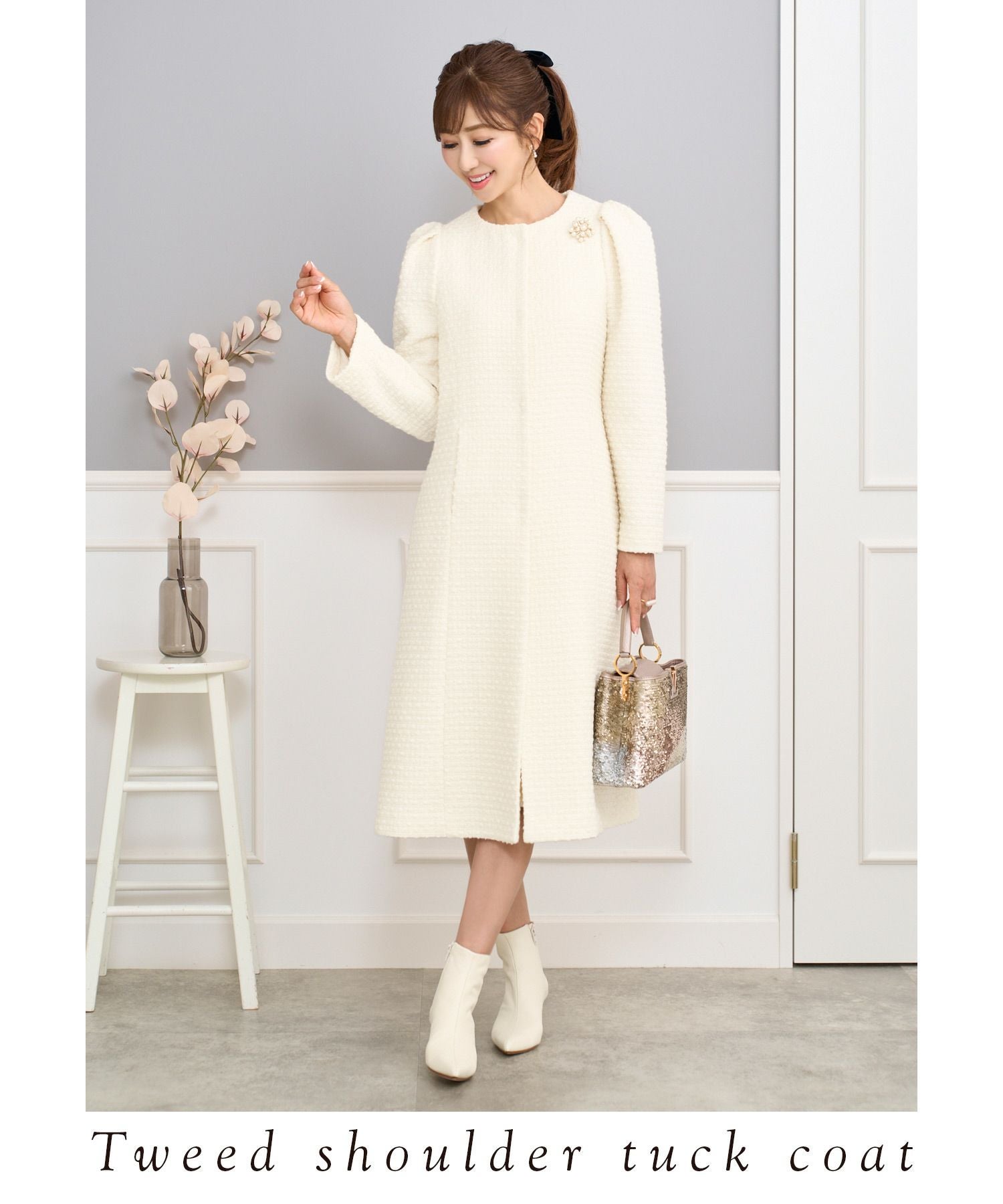 OUTLET-SALE ツイード ショルダータック コート Prima Scherrer 全4色