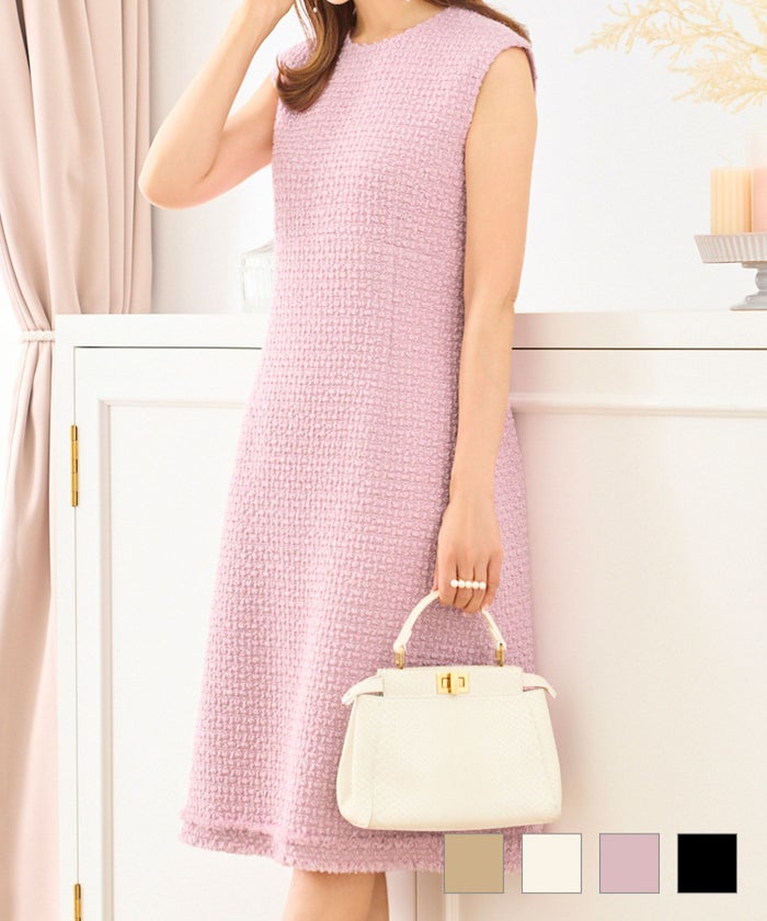 ノースリーブ ワンピース 無地ツイード 裾フリンジ エレガント S M<br> ツイード フリンジヘム ワンピース Prima Scherrer