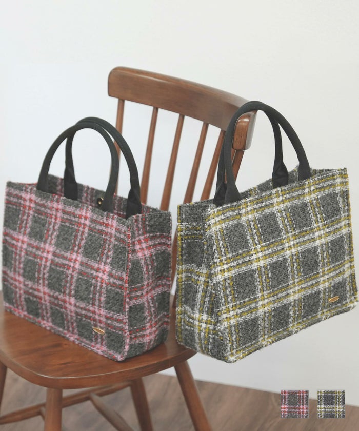 ツイード チェック柄 鞄 カバン BAG 手持ち ハンドバッグ 上品 大人 カラーチェック ツイード スクエア ハンドバッグ Prima Scherrer