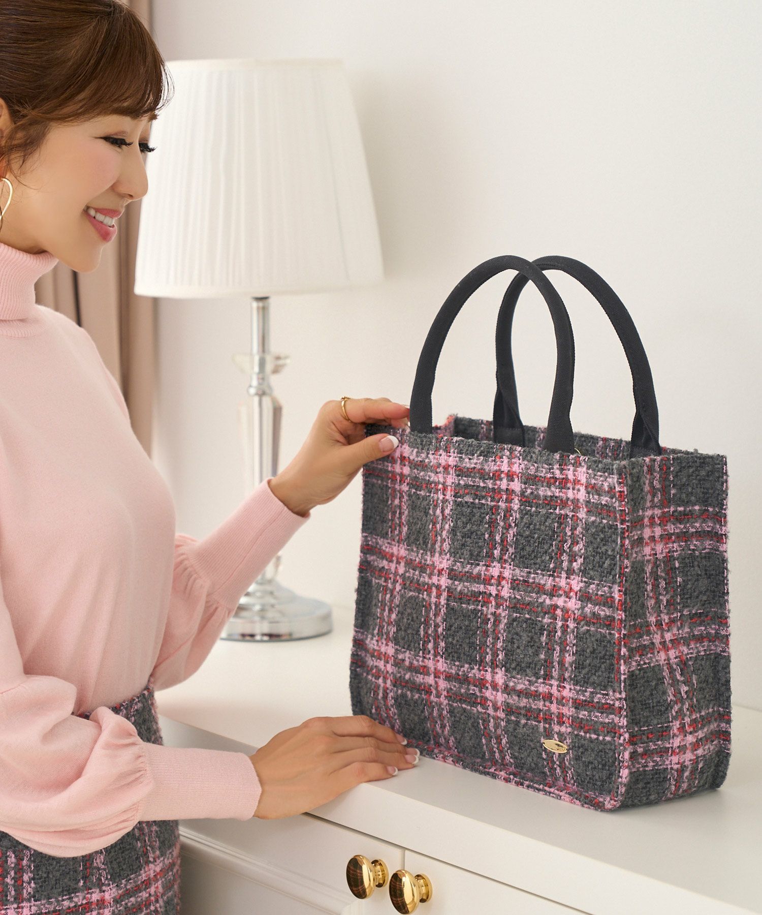 OUTLET-SALE カラーチェック ツイード スクエア ハンドバッグ Prima