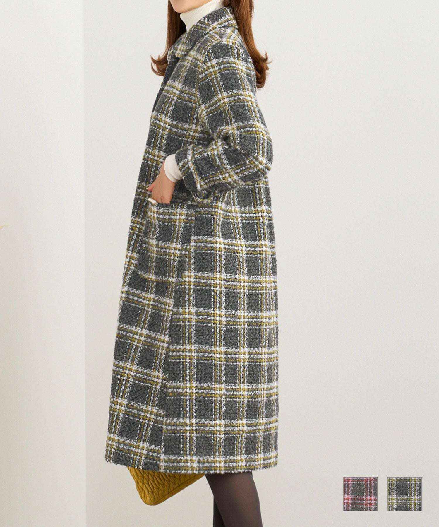 OUTLET-SALE カラーチェック ツイード ビジュー釦 コート Prima