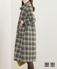 襟付き ロング丈 チェック柄 ビジュー ヨーク ポケット 冬 S M カラーチェック ツイード ビジュー釦 コート Prima Scherrer