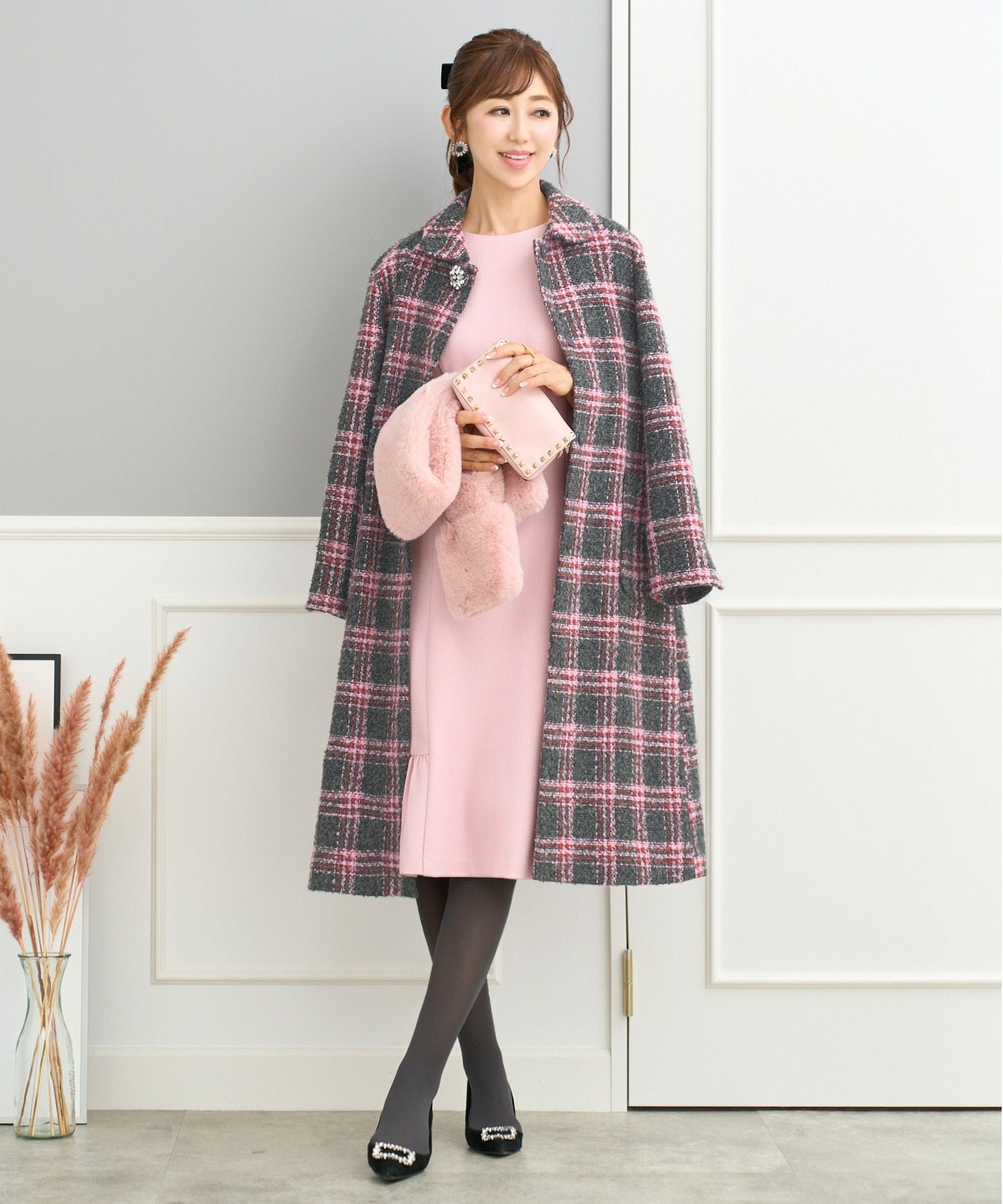 OUTLET-SALE カラーチェック ツイード ビジュー釦 コート Prima