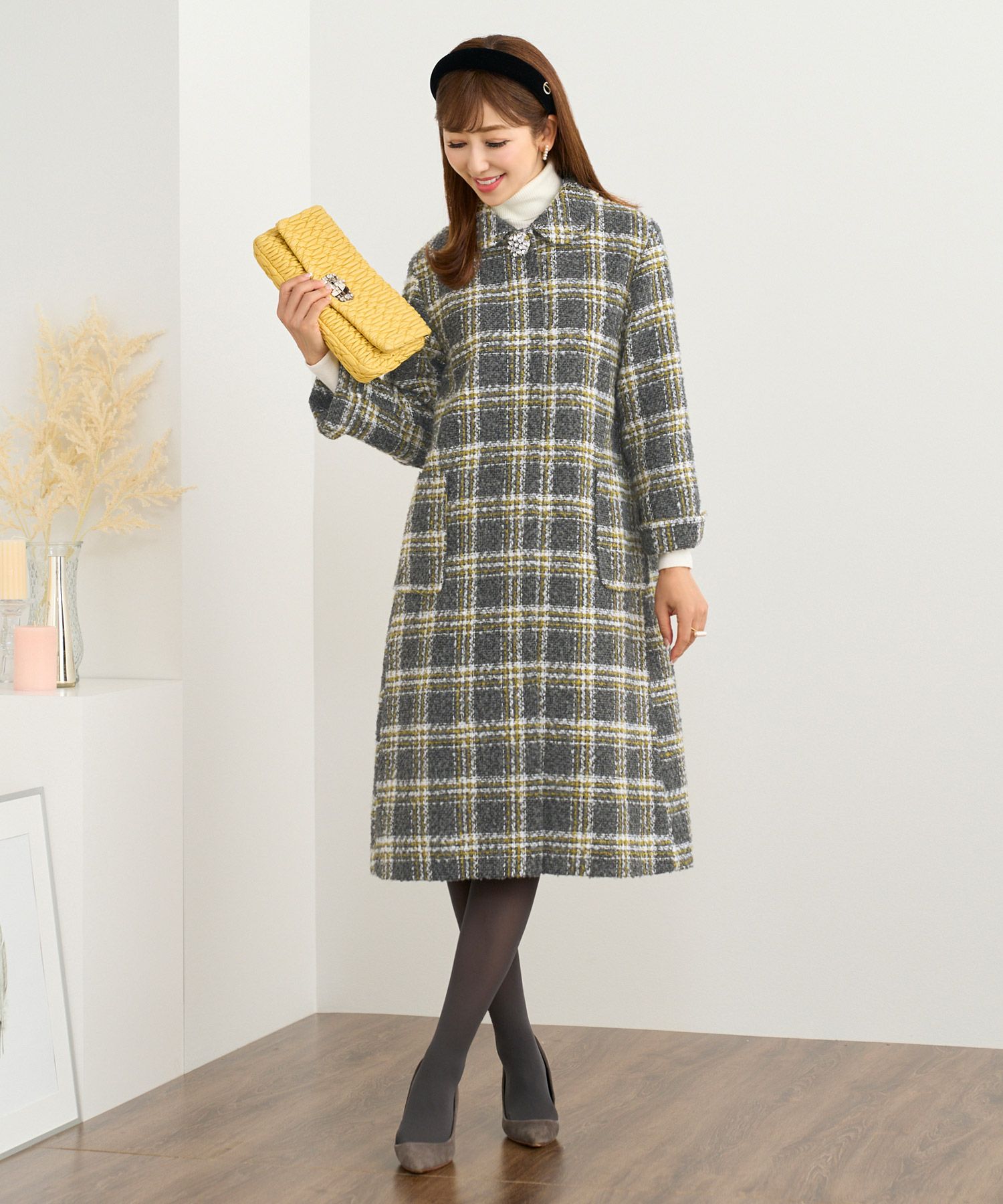 OUTLET-SALE カラーチェック ツイード ビジュー釦 コート Prima