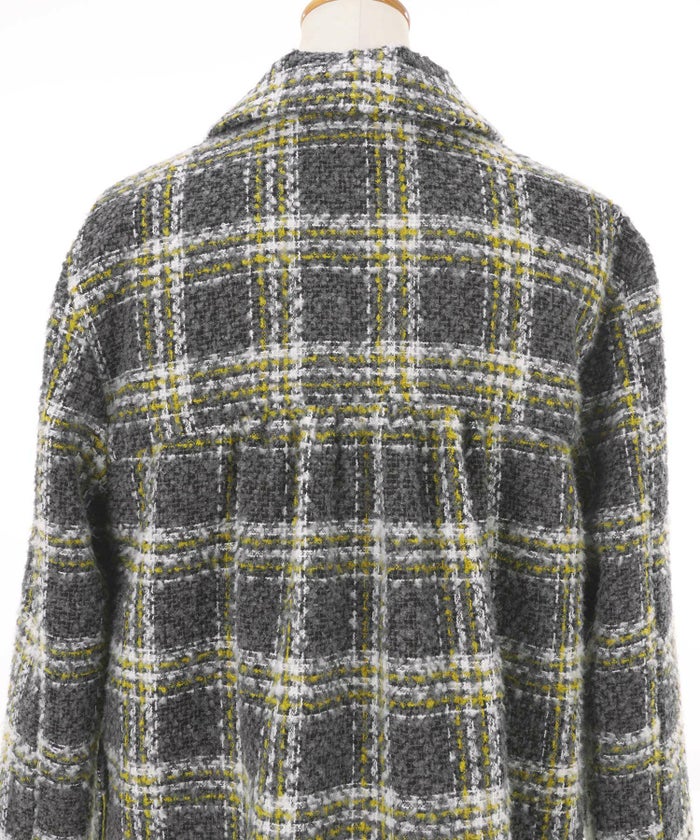 襟付き/ロング丈/チェック柄/ビジュー/ヨーク/ポケット/冬/S/M