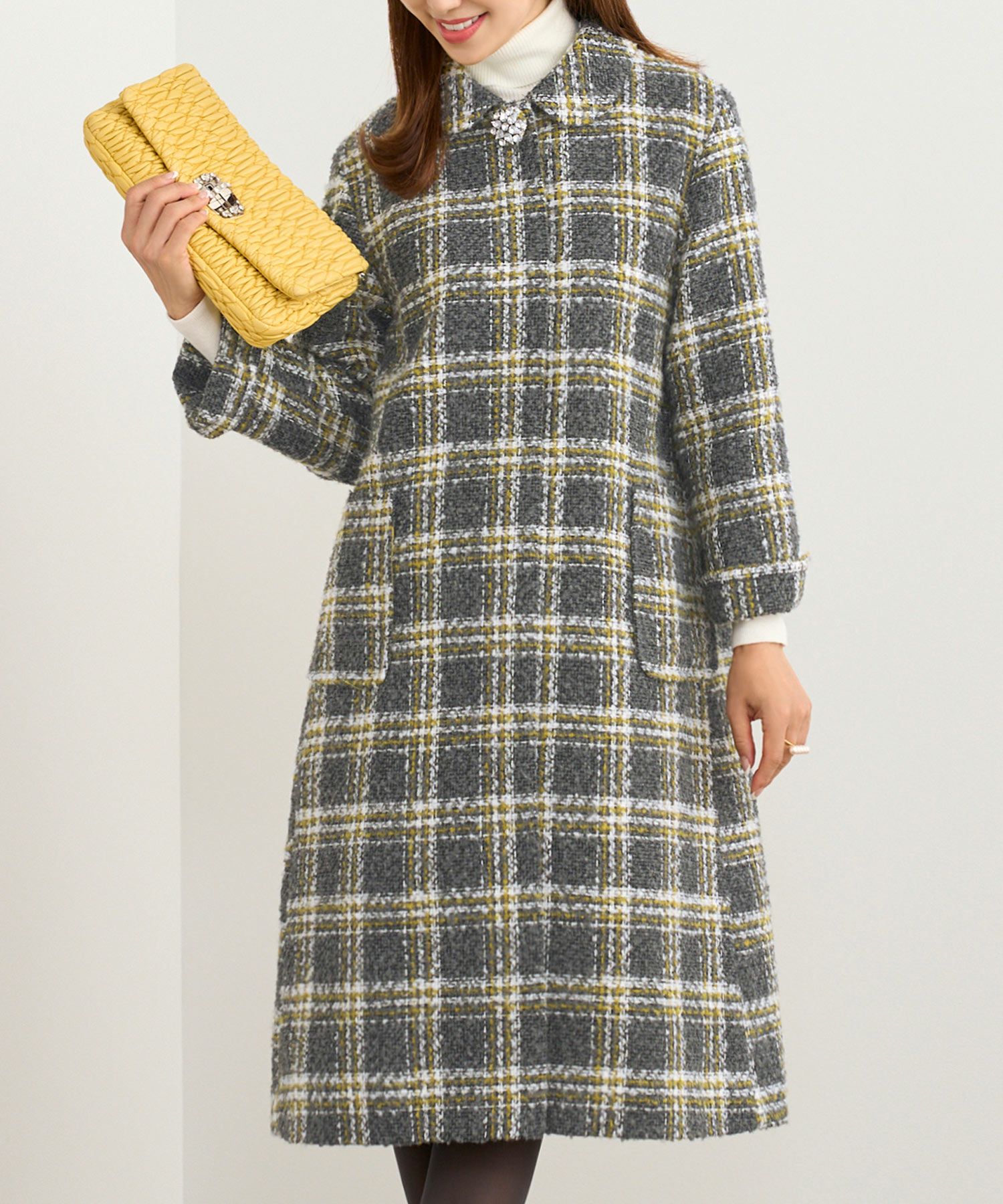 OUTLET-SALE カラーチェック ツイード ビジュー釦 コート Prima