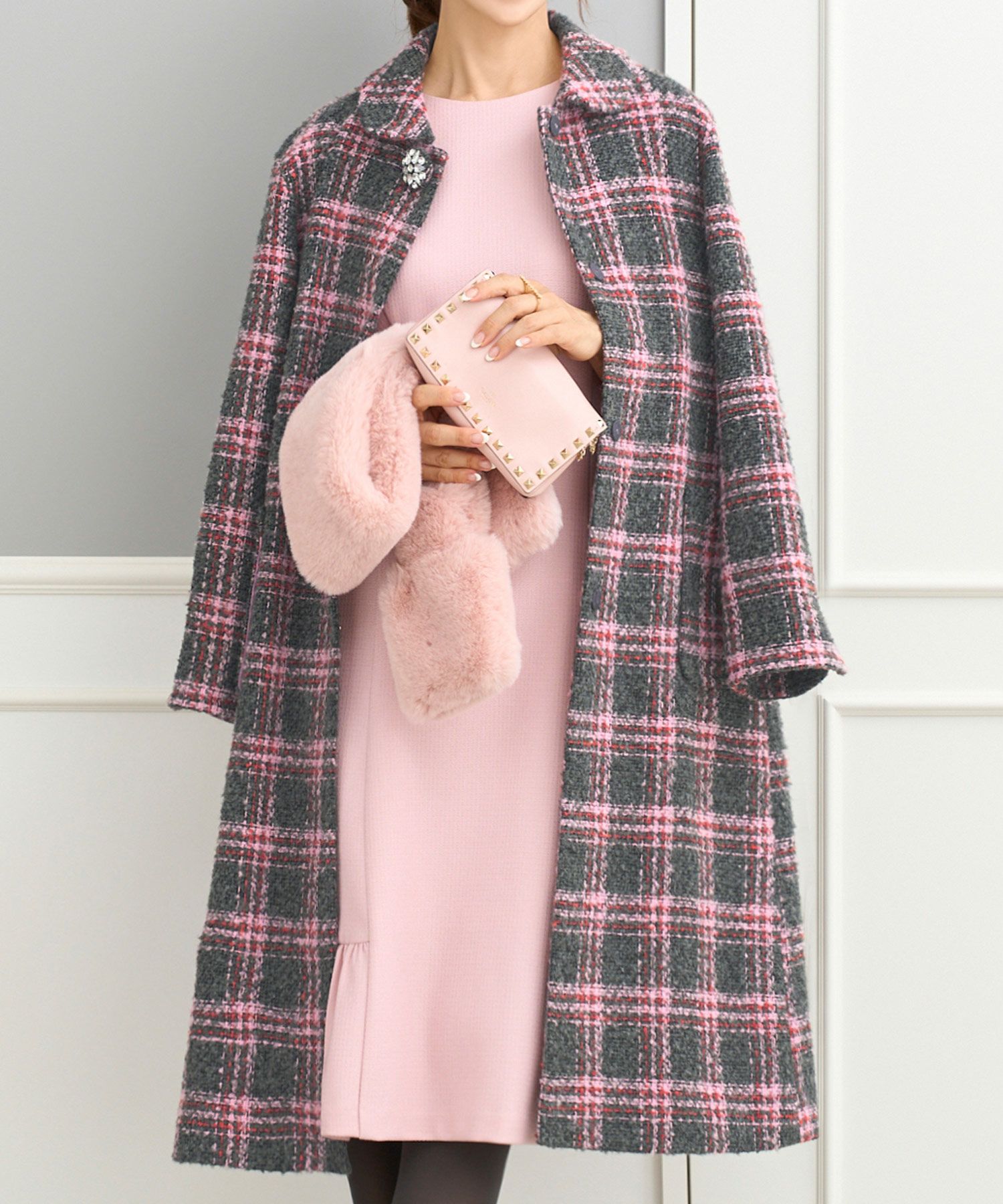 OUTLET-SALE カラーチェック ツイード ビジュー釦 コート Prima