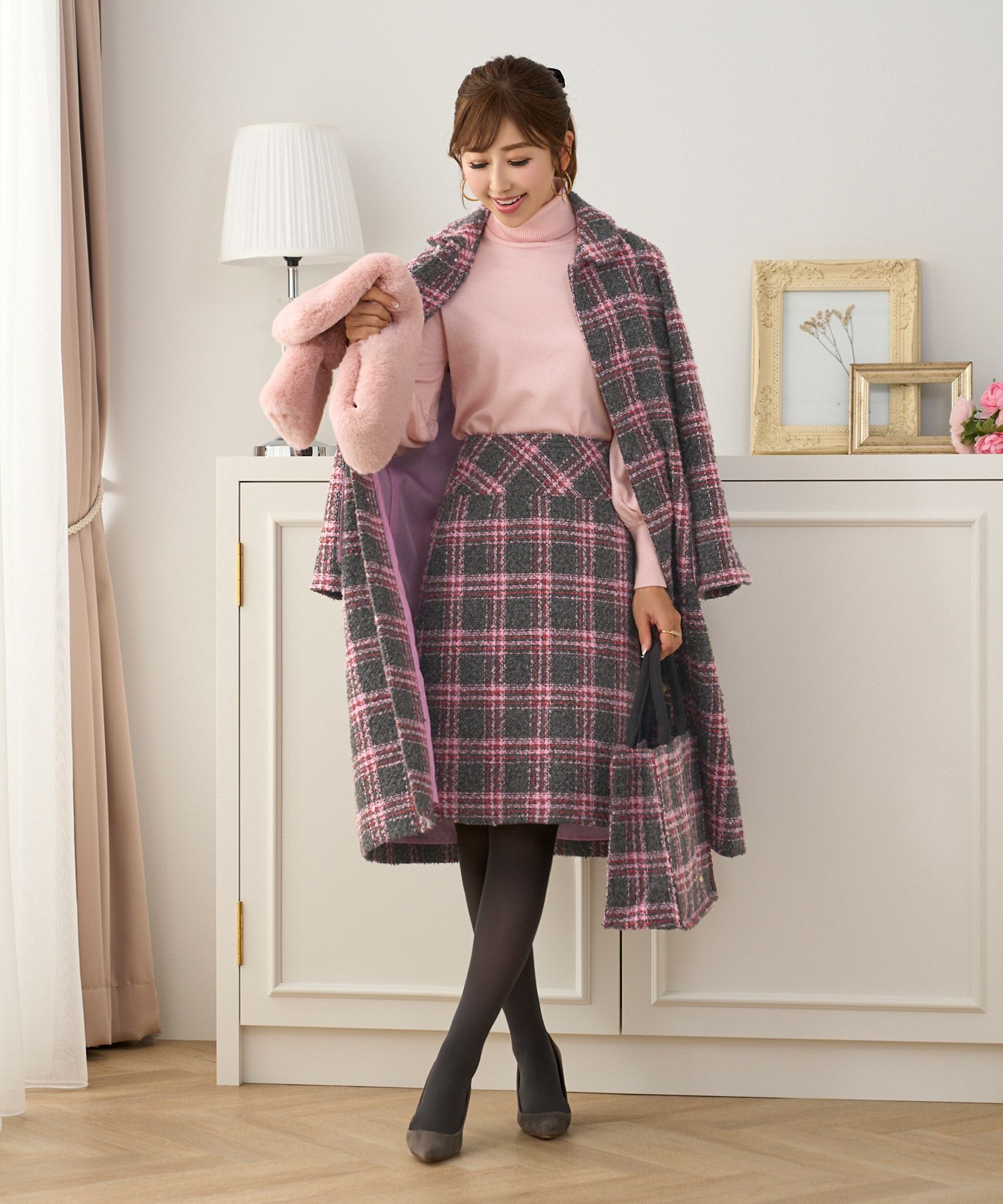 OUTLET-SALE カラーチェック ツイード スカート Prima Scherrer 全2色