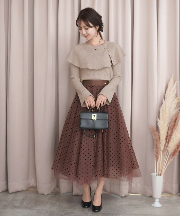 レディース/トップス/ニット/リブ/ケープ/ボタン/フレアスリーブ/ピンクベージュ/モカ/ブラック/エレガント/上品/フェミニン/可愛い/秋/冬